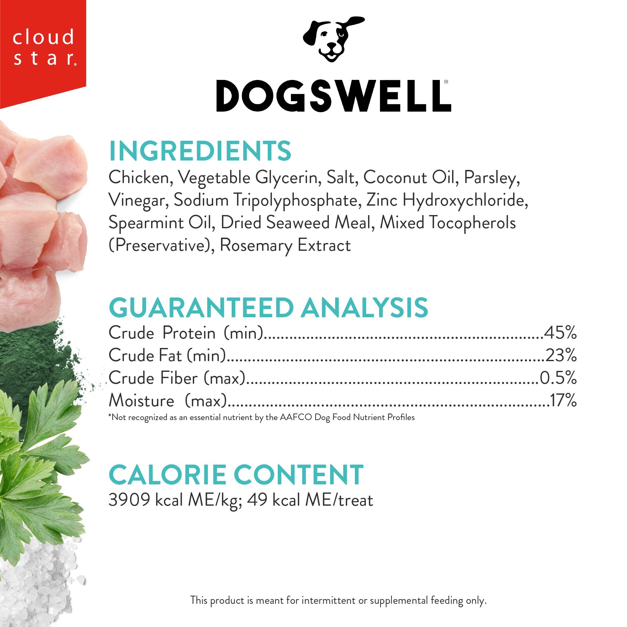 Dogswell Dental Jerky poulet, ingrédients propres sans céréales pour chien actif.