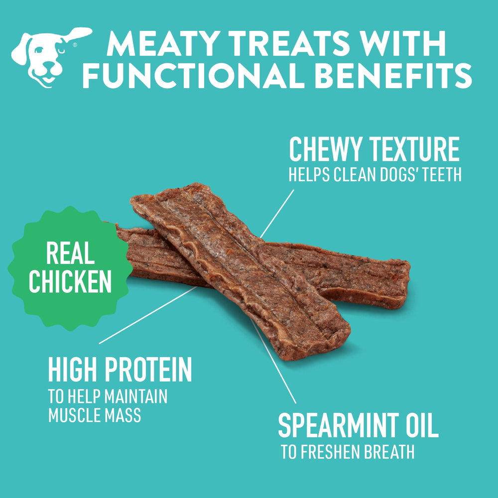 Dogswell Dental Jerky poulet, menthe fraîche pour haleine plus agréable.