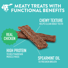 Dogswell Dental Jerky poulet, menthe fraîche pour haleine plus agréable.