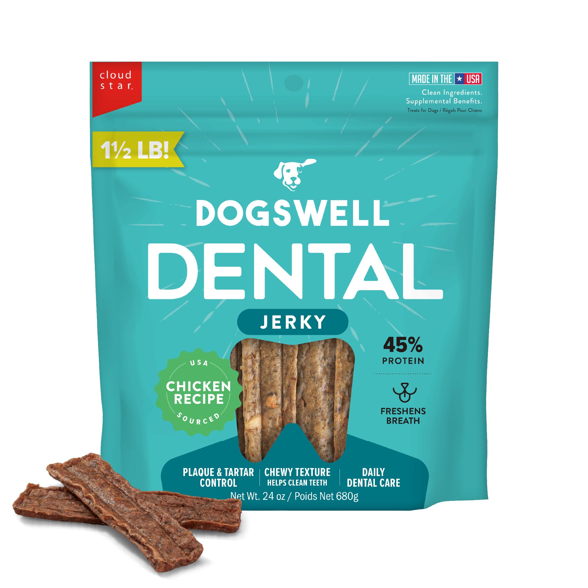 Dogswell Dental Jerky poulet, sac 24 oz prêt à l'usage.
