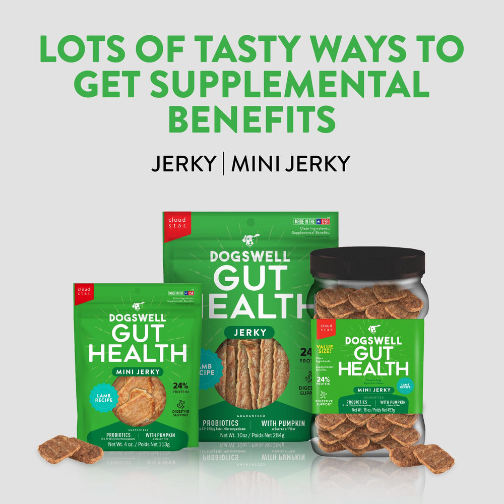 Dogswell Gut Health Lamb Mini Jerky — mini taille adaptée aux petits chiens.