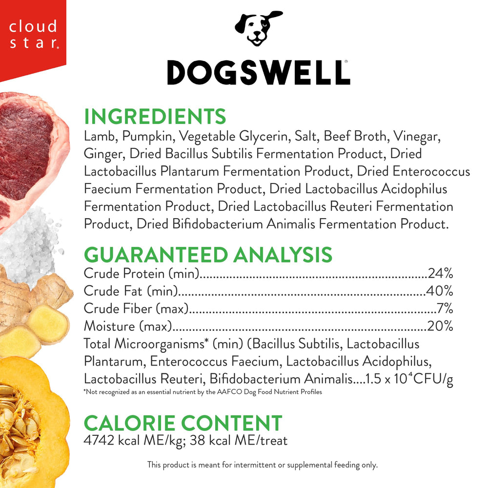 Dogswell Gut Health Lamb Mini Jerky — texture jerky vue en gros plan, saveur d’agneau.