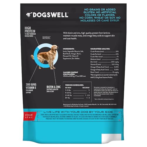 Dogswell Jerky Agneau – protéine élevée pour énergie et masse musculaire.