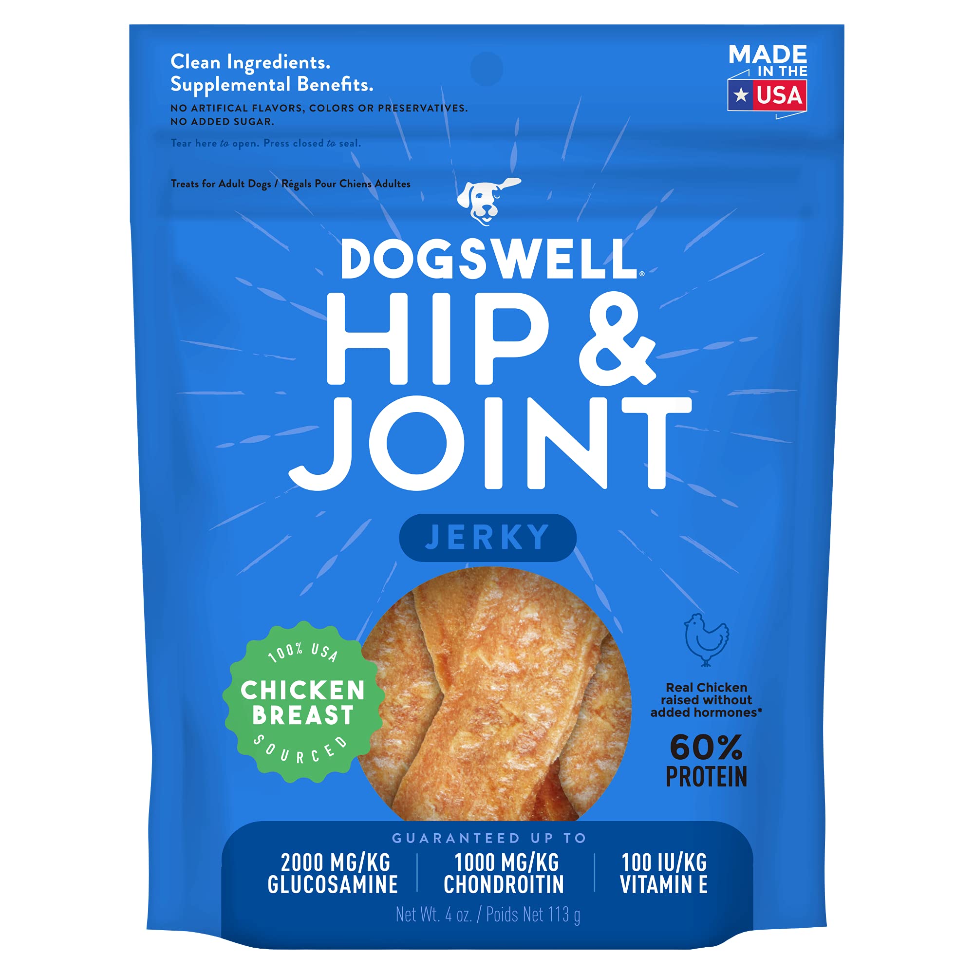 DOGSWELL Jerky articulations poulet emballage: friandise pratique pour chiens actifs.