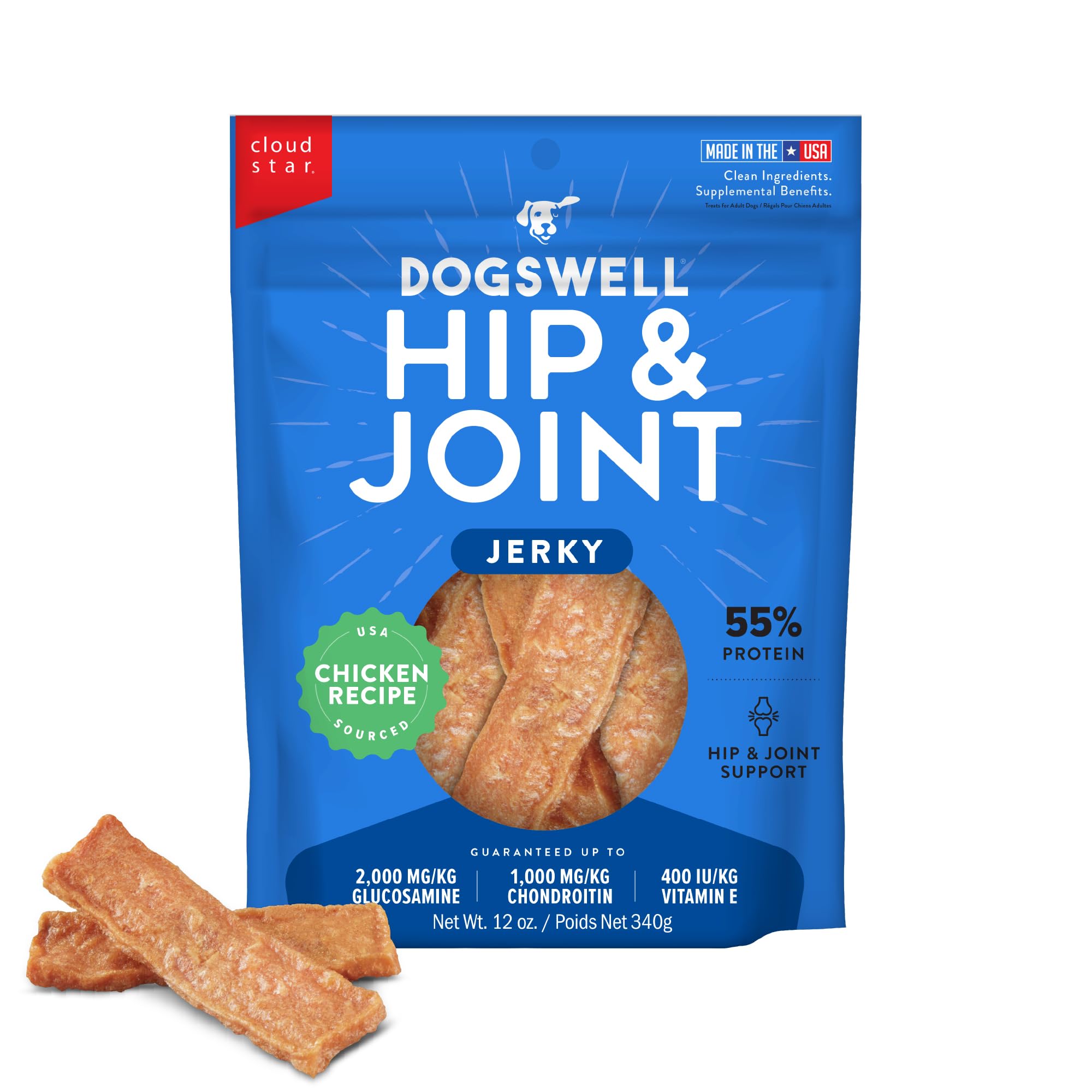 Dogswell jerky hip articulation poulet: soutien potentiel lors des promenades.