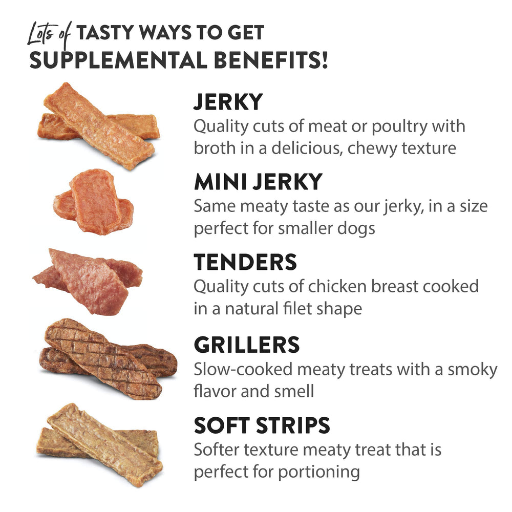 DOGSWELL Jerky sans cereales: friandise grain-free adaptée aux chiens sensibles.