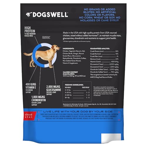 Dogswell poitrine-de-poulet-premier-ingredient: proteine de haute qualite pour chiens actifs.