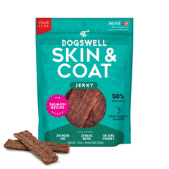 Dogswell jerky peau et poil au saumon sauvage, premier ingrédient.