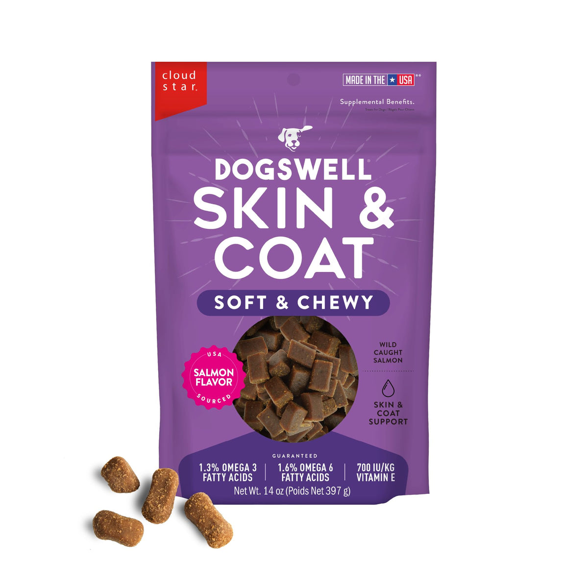 DOGSWELL friandise saumon, texture moelleuse, récompense appréciée