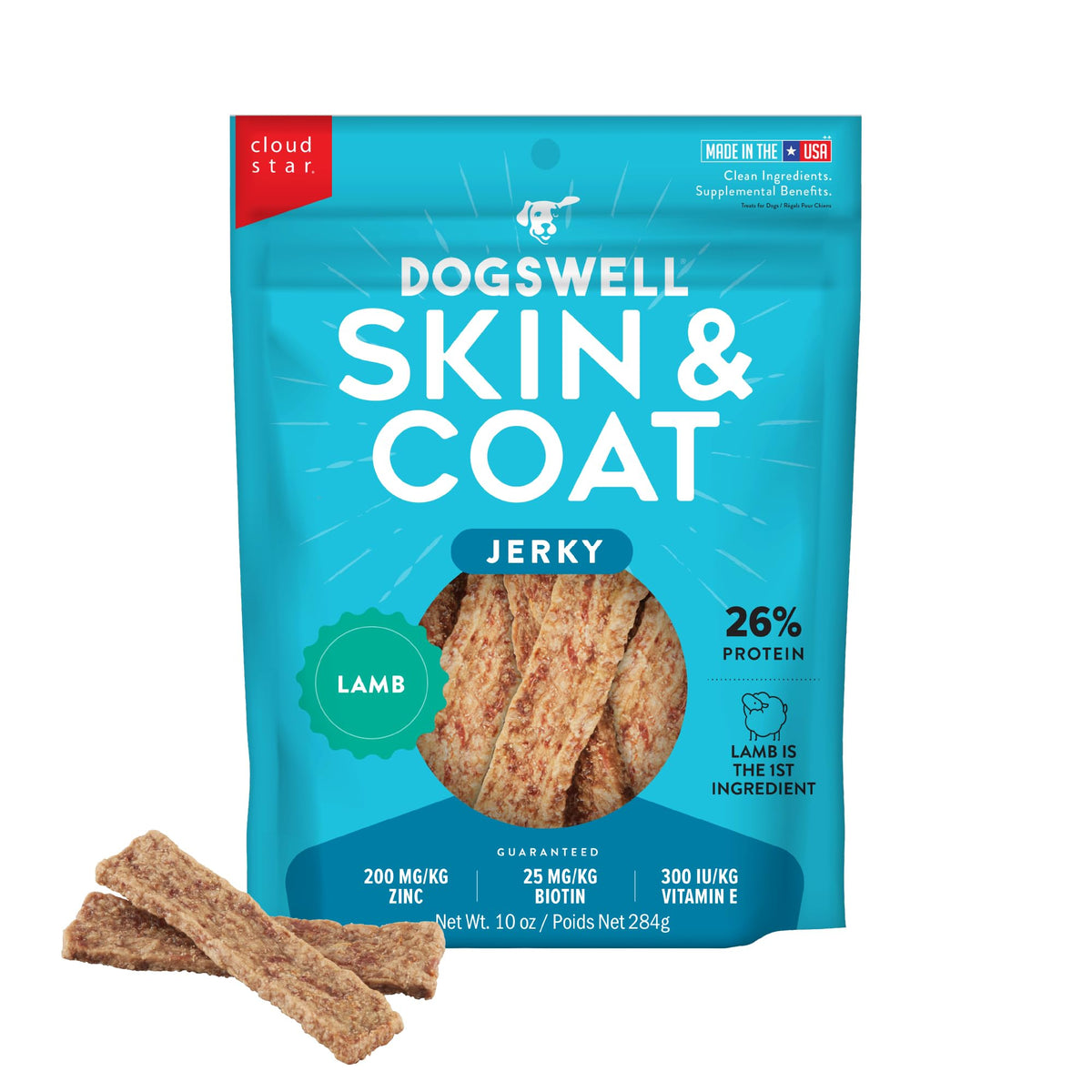 Dogswell Skin & Coat Jerky – morceaux d’agneau pour peau et pelage sains.