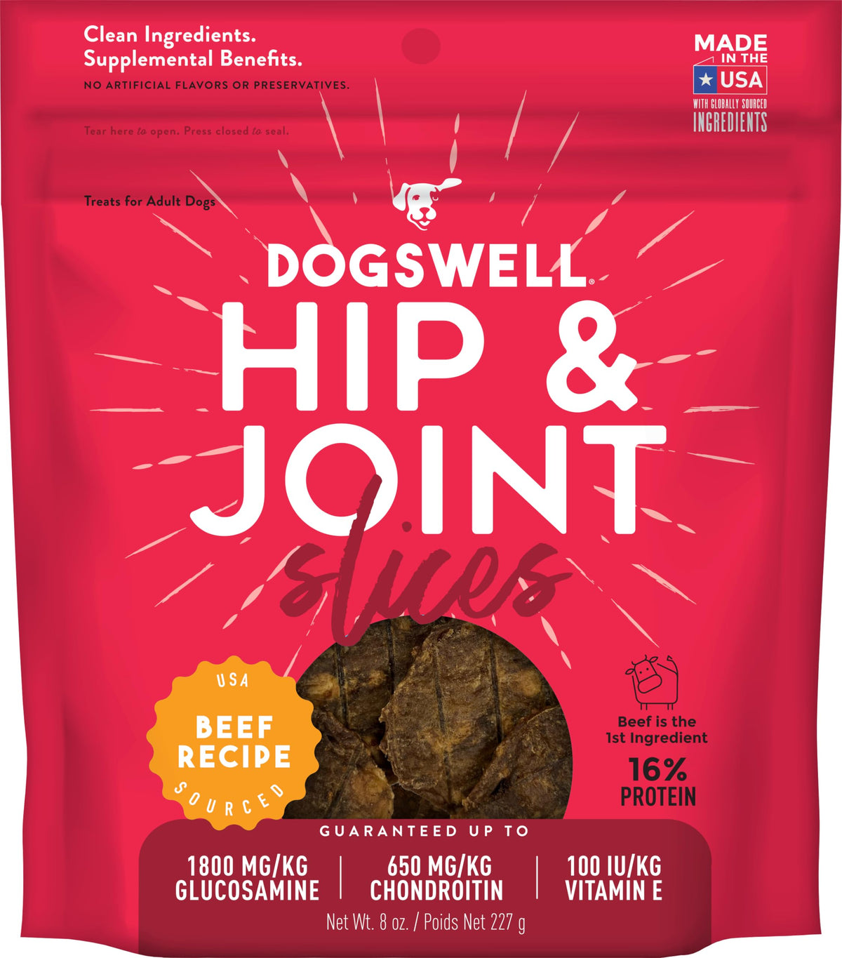 Dogswell tranches hanches: friandise au boeuf de qualité soutenant les articulations.