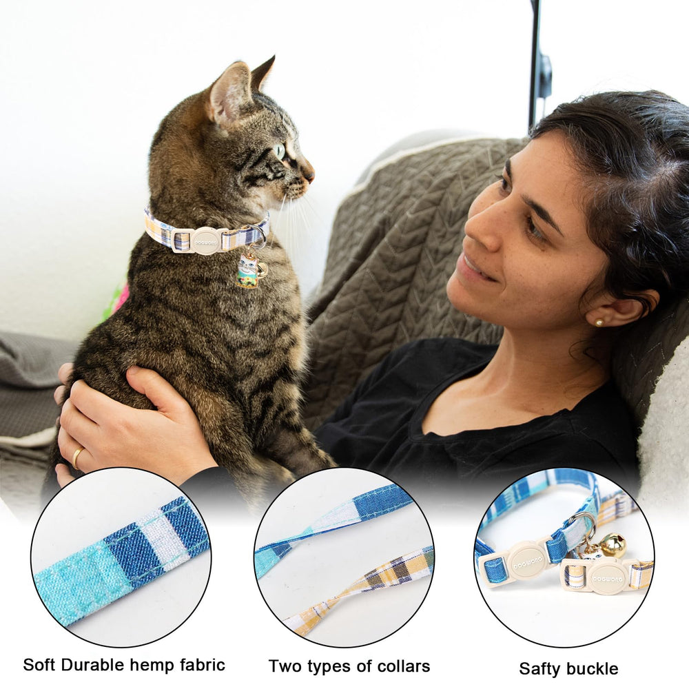 DOGWONG collier bleu à carreaux avec cloche amovible pour repérer facilement votre animal.