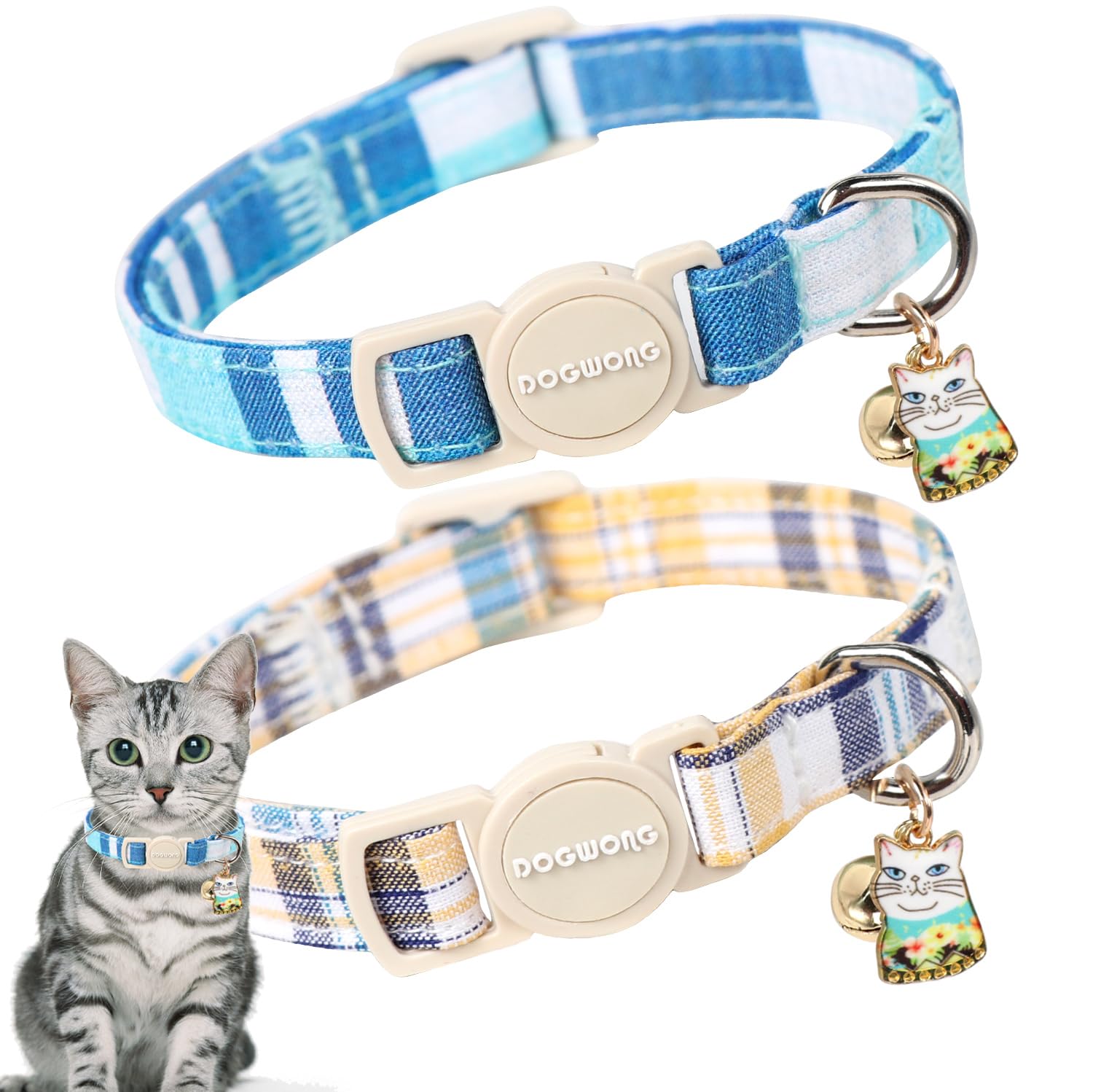 DOGWONG collier chat bleu à carreaux, pack de 2 pour varier le style quotidien.