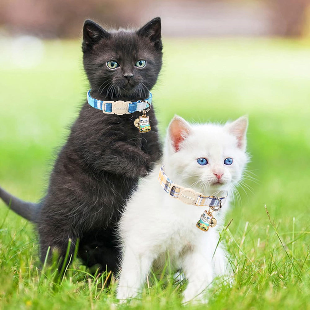DOGWONG collier coton léger bleu à carreaux, confort doux pour chats et petits chiens.