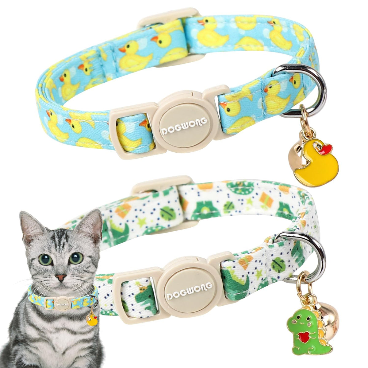 DOGWONG lot de 2 colliers chat dinosaure et canard, confort et sécurité estival.