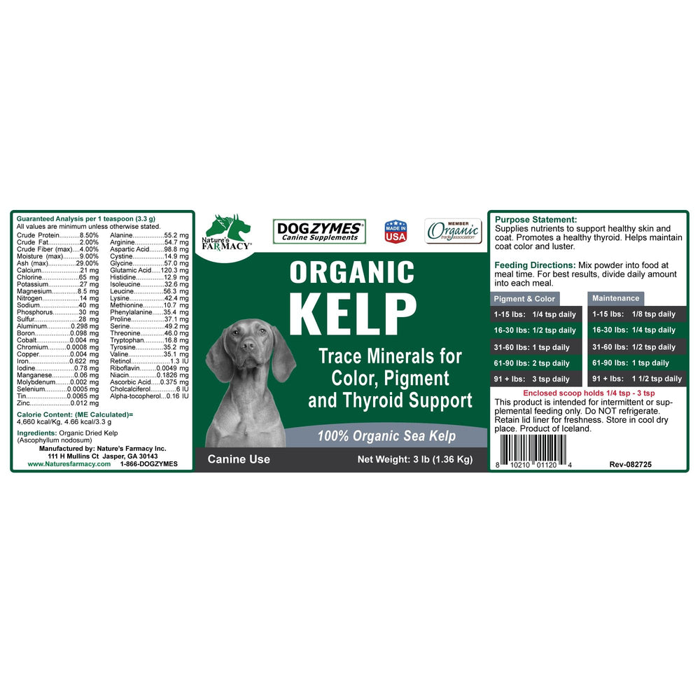 Dogzymes Algue Norvégienne emballage et étiquette clairs, produit naturel et nutritif.