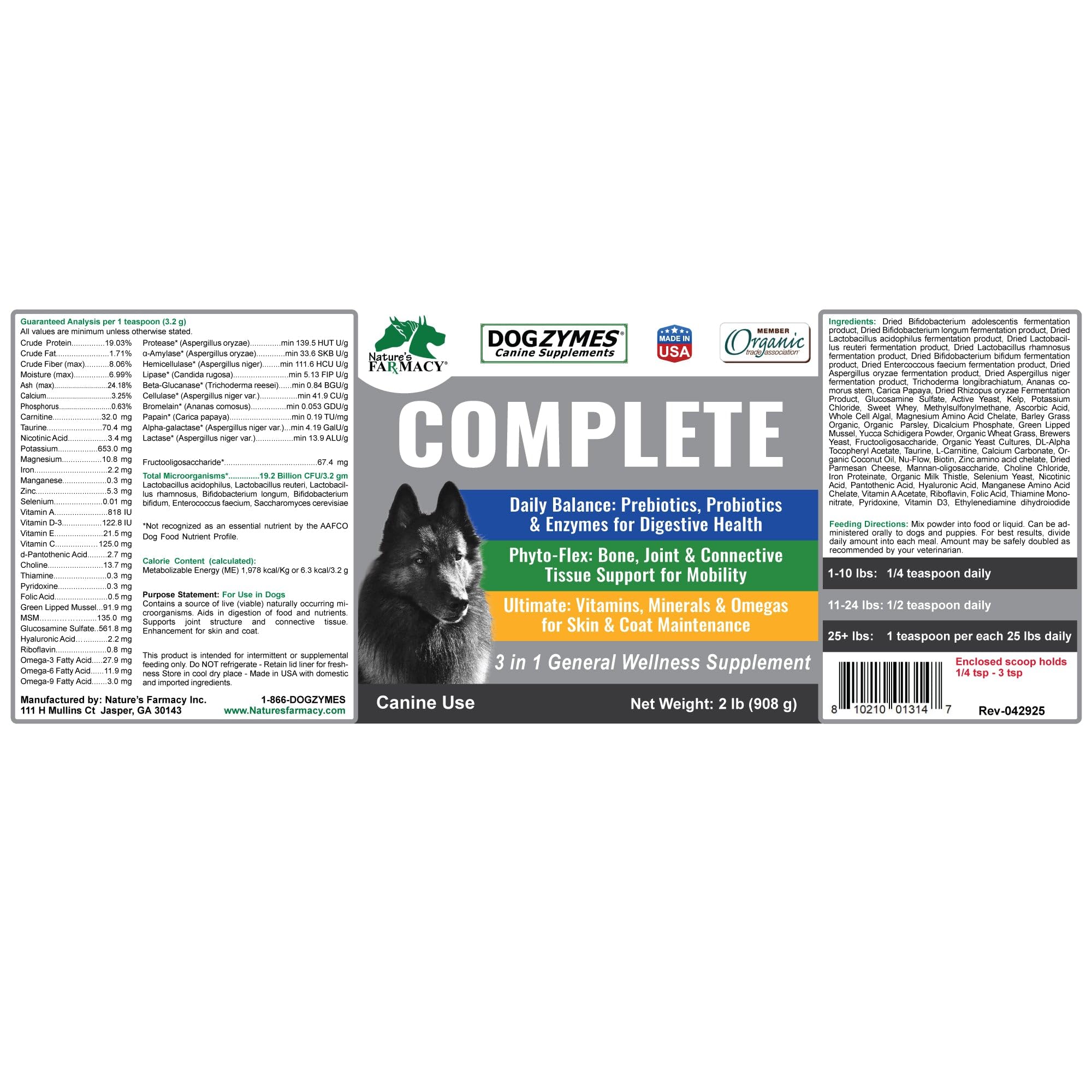 Dogzymes Complete – dosage quotidien recommandé pour chien.