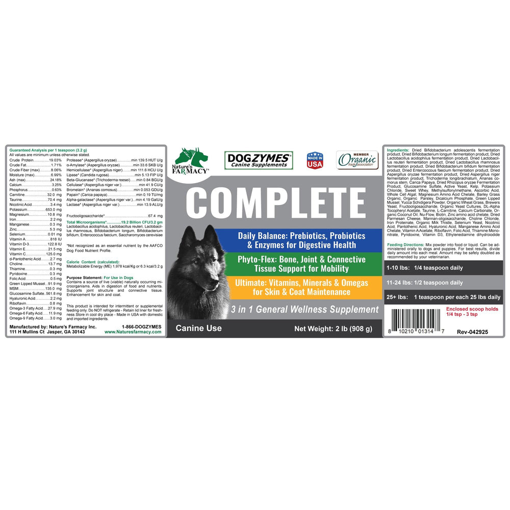 Dogzymes Complete – dosage quotidien recommandé pour chien.