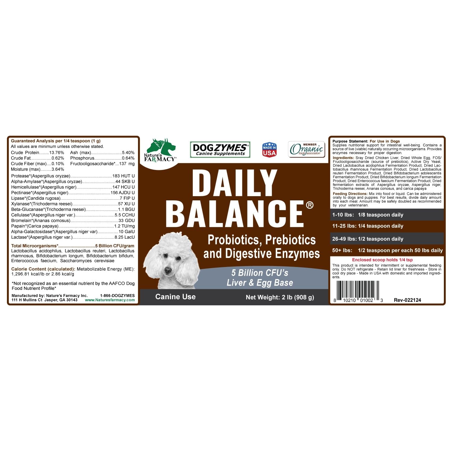 Boîte Dogzymes Daily Balance montrant le produit et ses bénéfices.