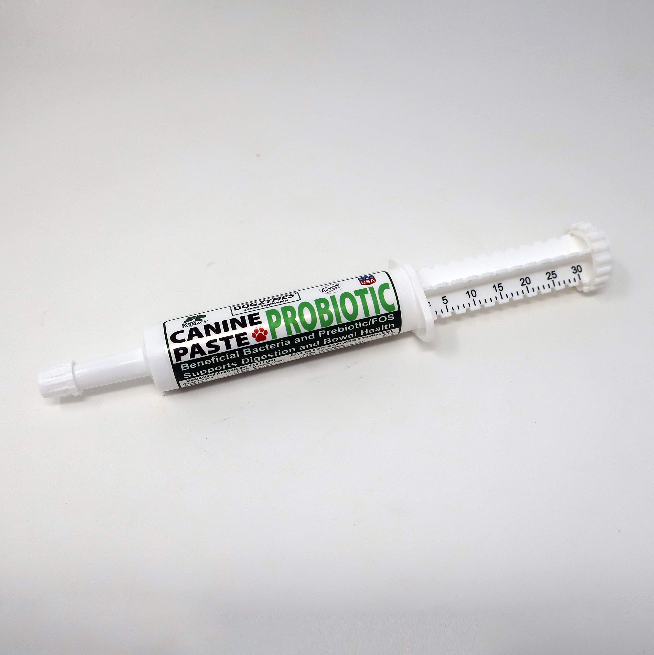 Dogzymes Canine Probiotic Paste, flacon pratique, soutien digestif potentiel.