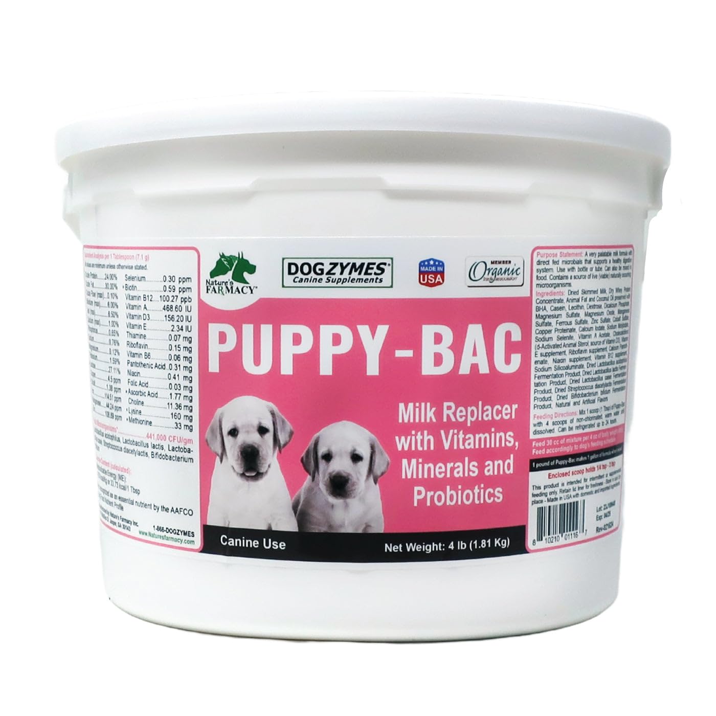 Dogzymes Puppy-Bac remplaçant lait bébé, soutien pour chiots sans mère.