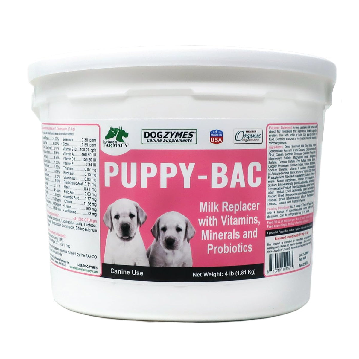 Dogzymes Puppy-Bac remplaçant lait bébé, soutien pour chiots sans mère.