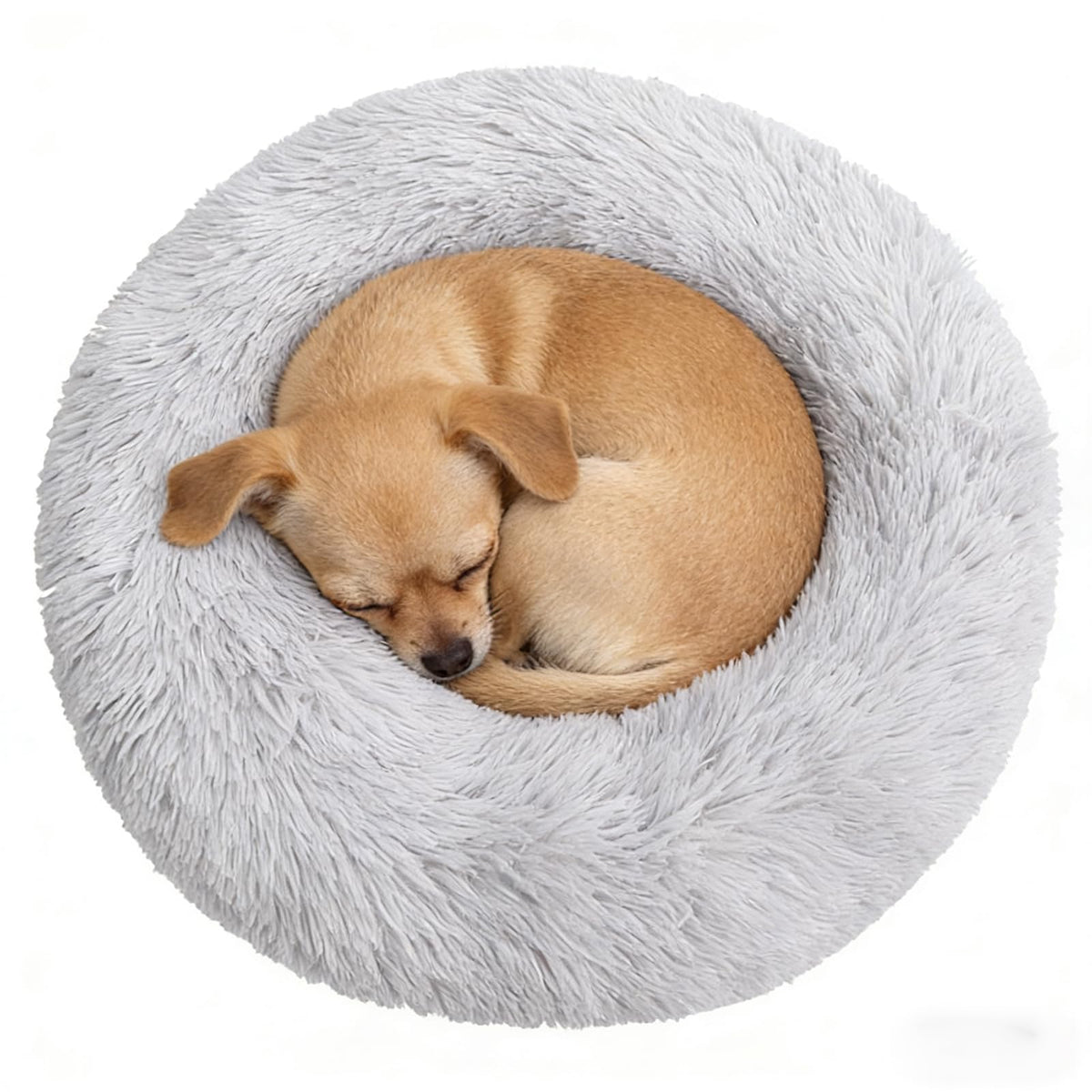 Lit rond calmant Doimier gris clair, soutien du cou et sommeil plus profond.