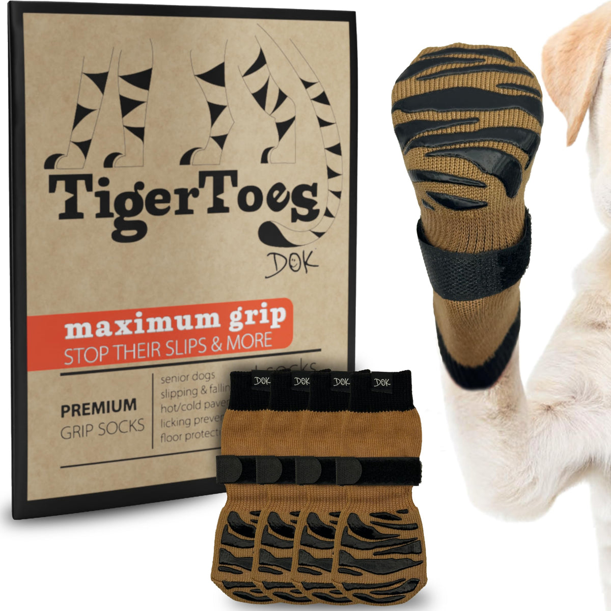 Chaussettes DOK TigerToes anti-glisse sur patte de chien, traction améliorée.