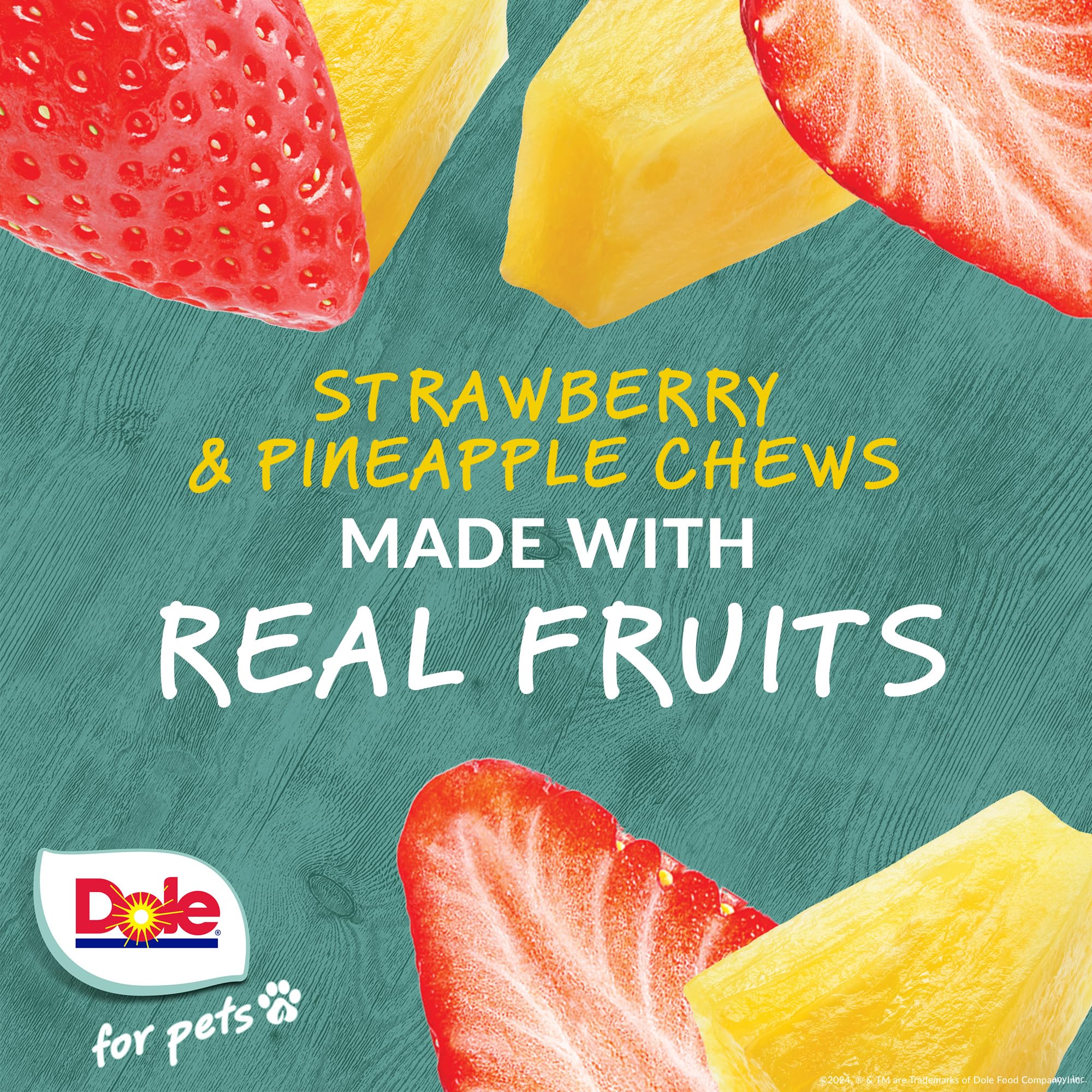 Dole Pour Pets : friandises fruits fraise et ananas, conditionnement pratique.