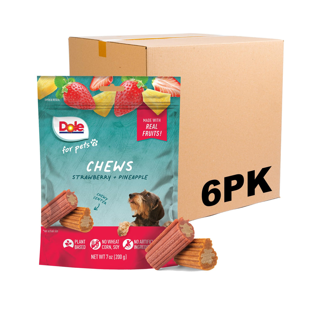 Dole Pour Pets : sachet assorti de friandises fruits fraise et ananas, récompense savoureuse.