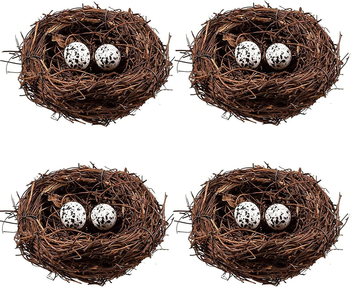 Nid oiseau en rattan Domkier avec oeufs, pour deco printaniere