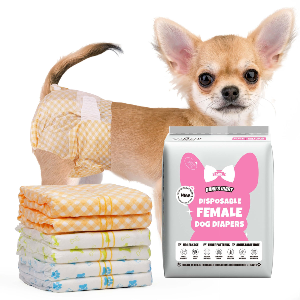 Couches Dono pour chienne femelle, profil compact pour petites races.