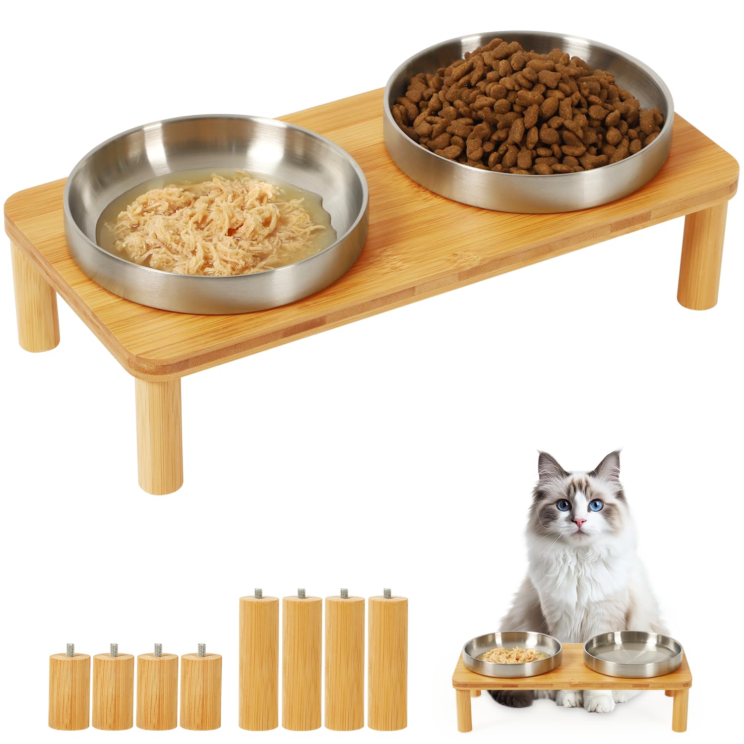 DoogCat table d'alimentation élevée en bambou pour chats, meilleure posture lors des repas.