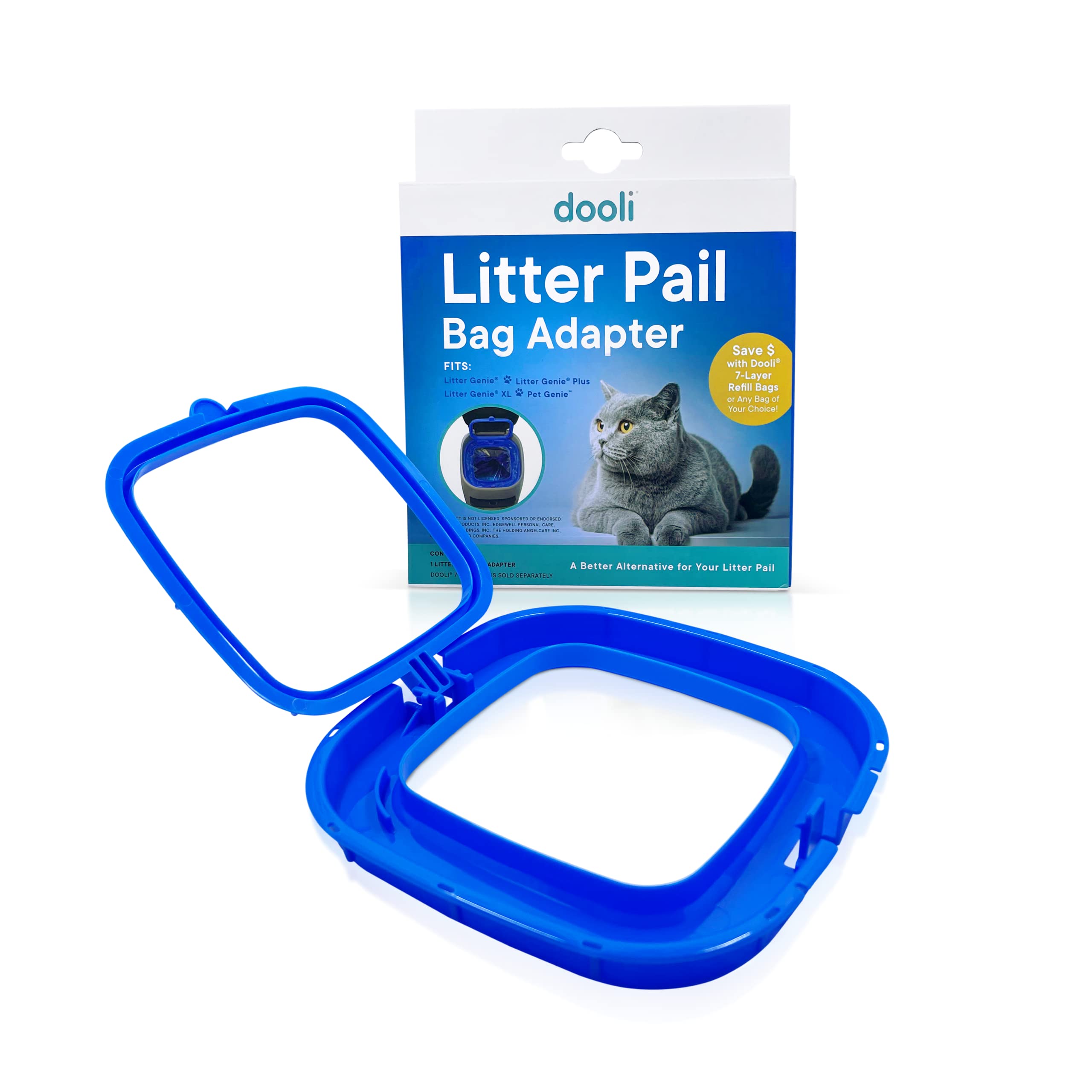 Adaptateur Dooli pour seau à litière : compatibilité Litter Genie et réutilisable.