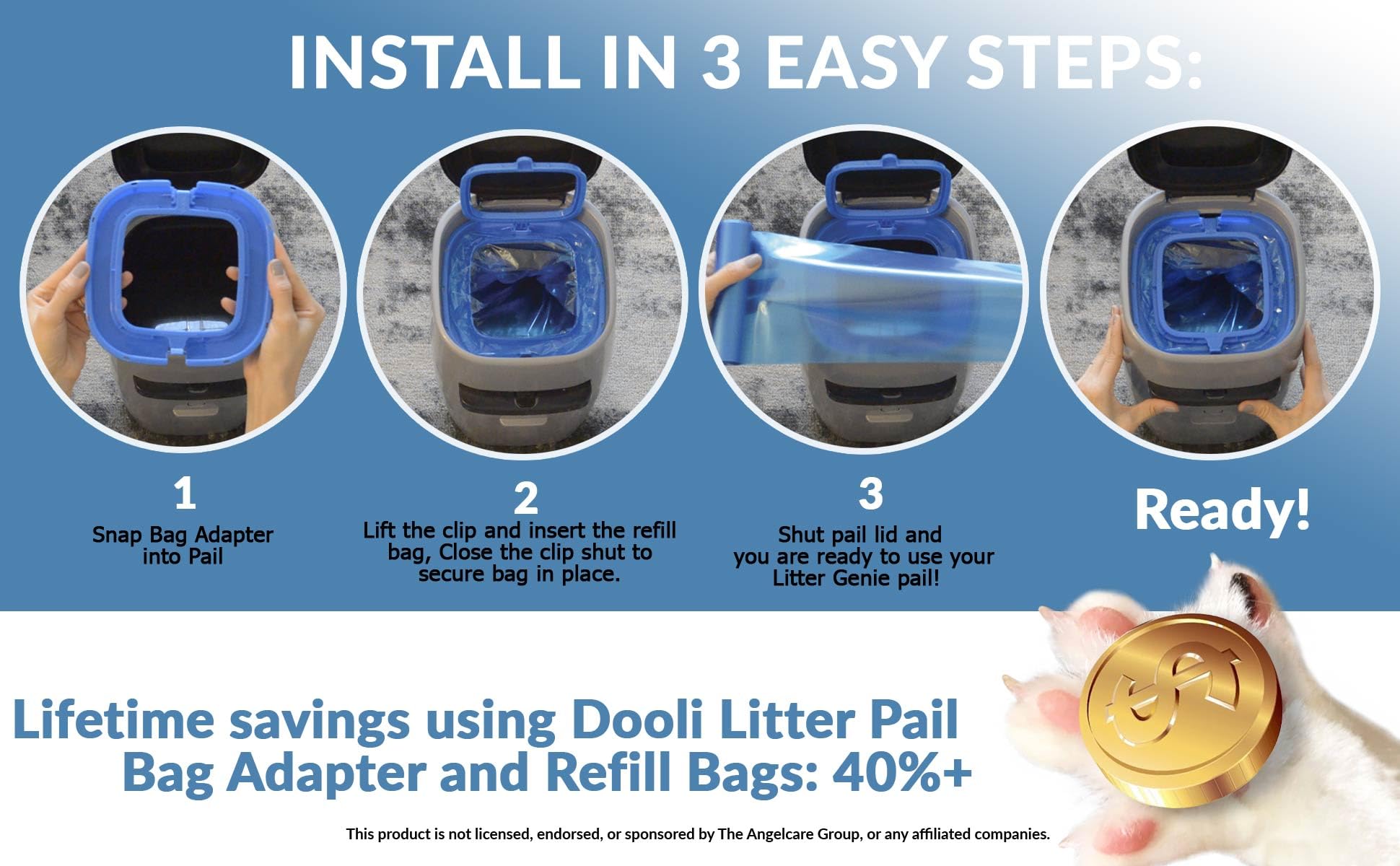 Dooli adaptateur seau-litière, connexion simple et nouage sans couper le sac.