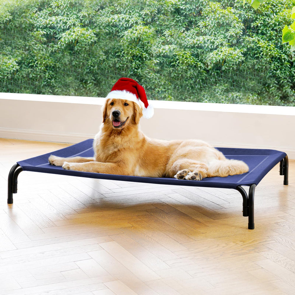 Lit-chien elevé DOPEDIO bleu pour extérieur, surface sèche et fraîche.