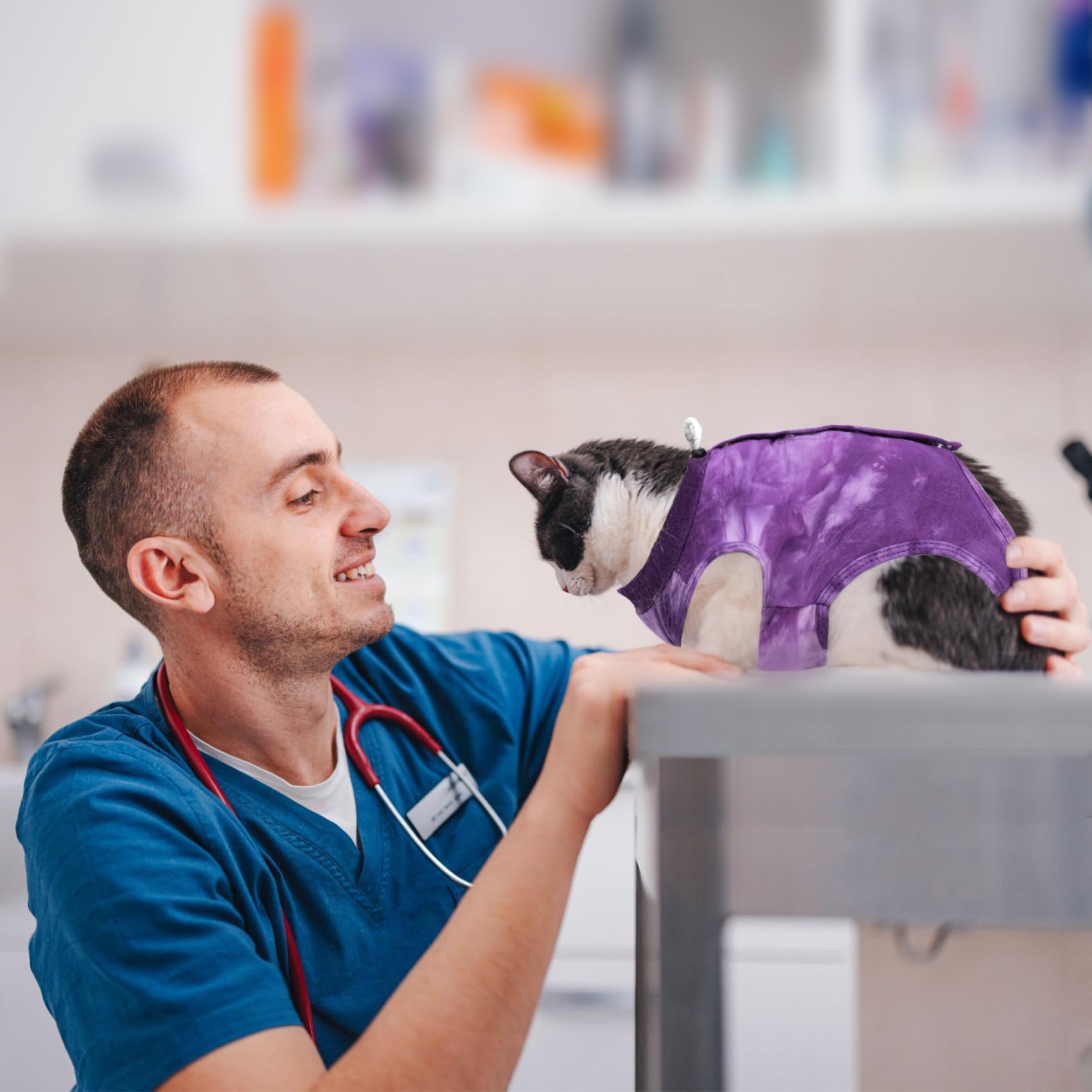 Chat peut utiliser la litière sans obstacle grâce au gilet Dotoner.