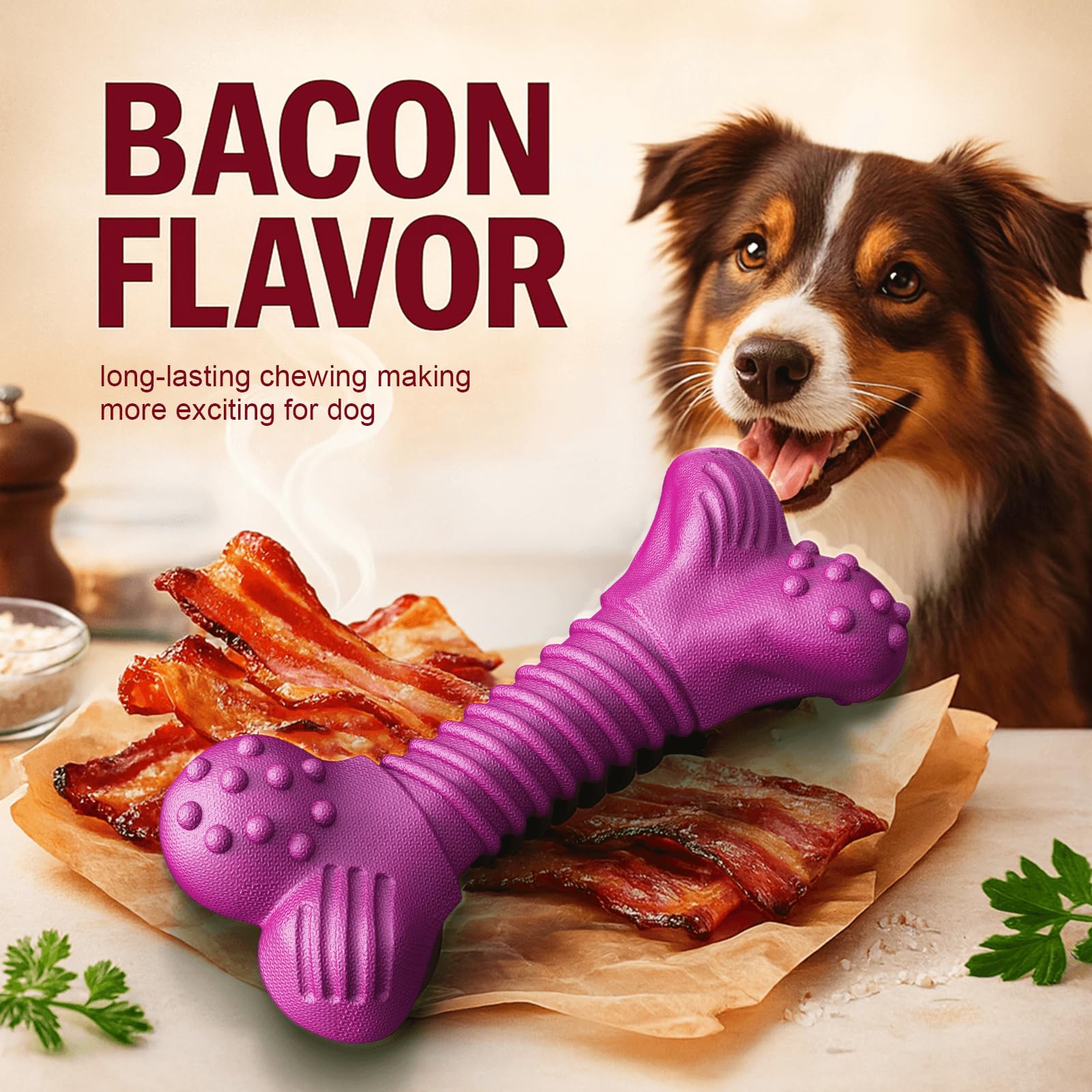 Jouet Doudele saveur bacon attire et stimule la mastication chez les chiens exigeants.