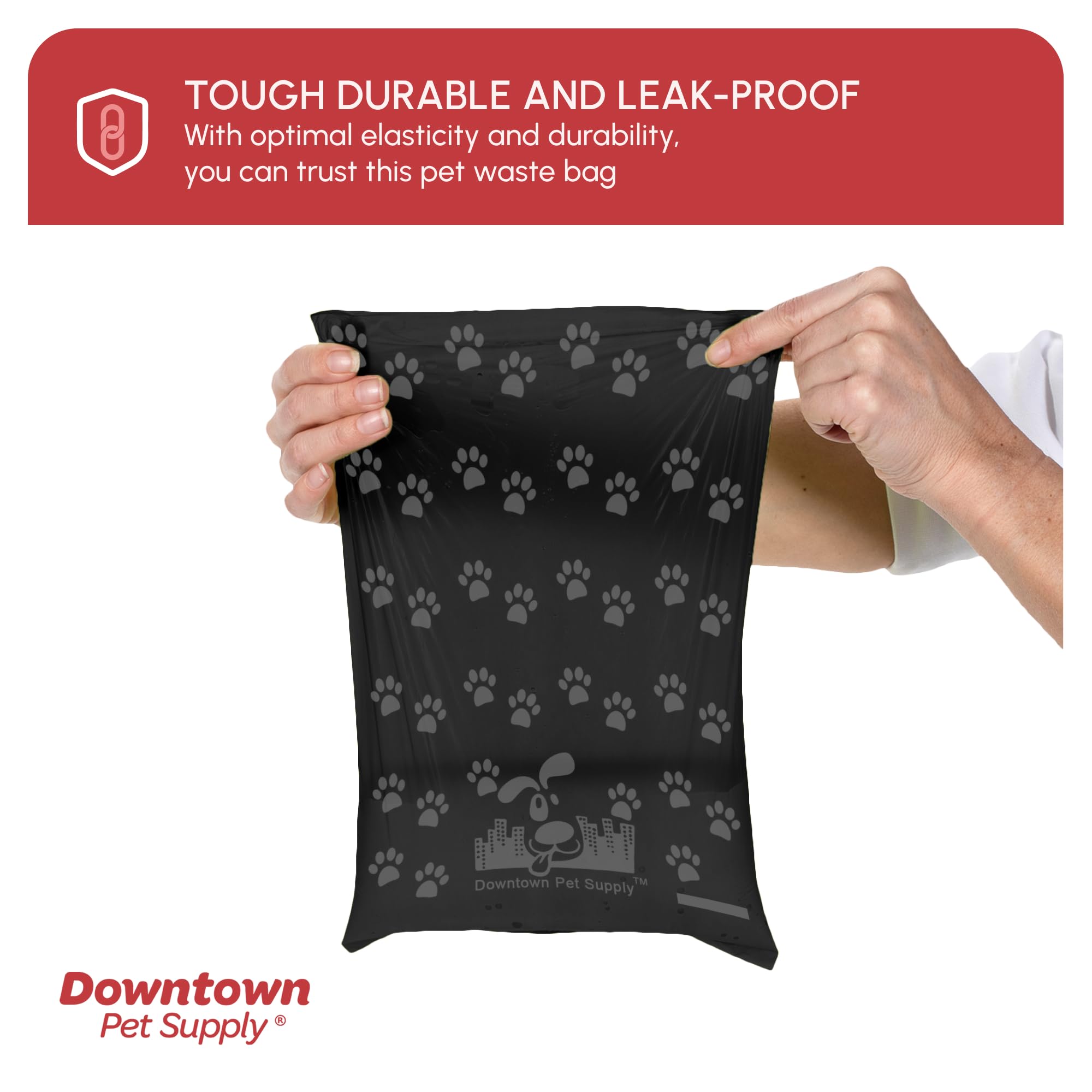 Design noir Downtown Pet Supply avec motifs de pattes, look discret.
