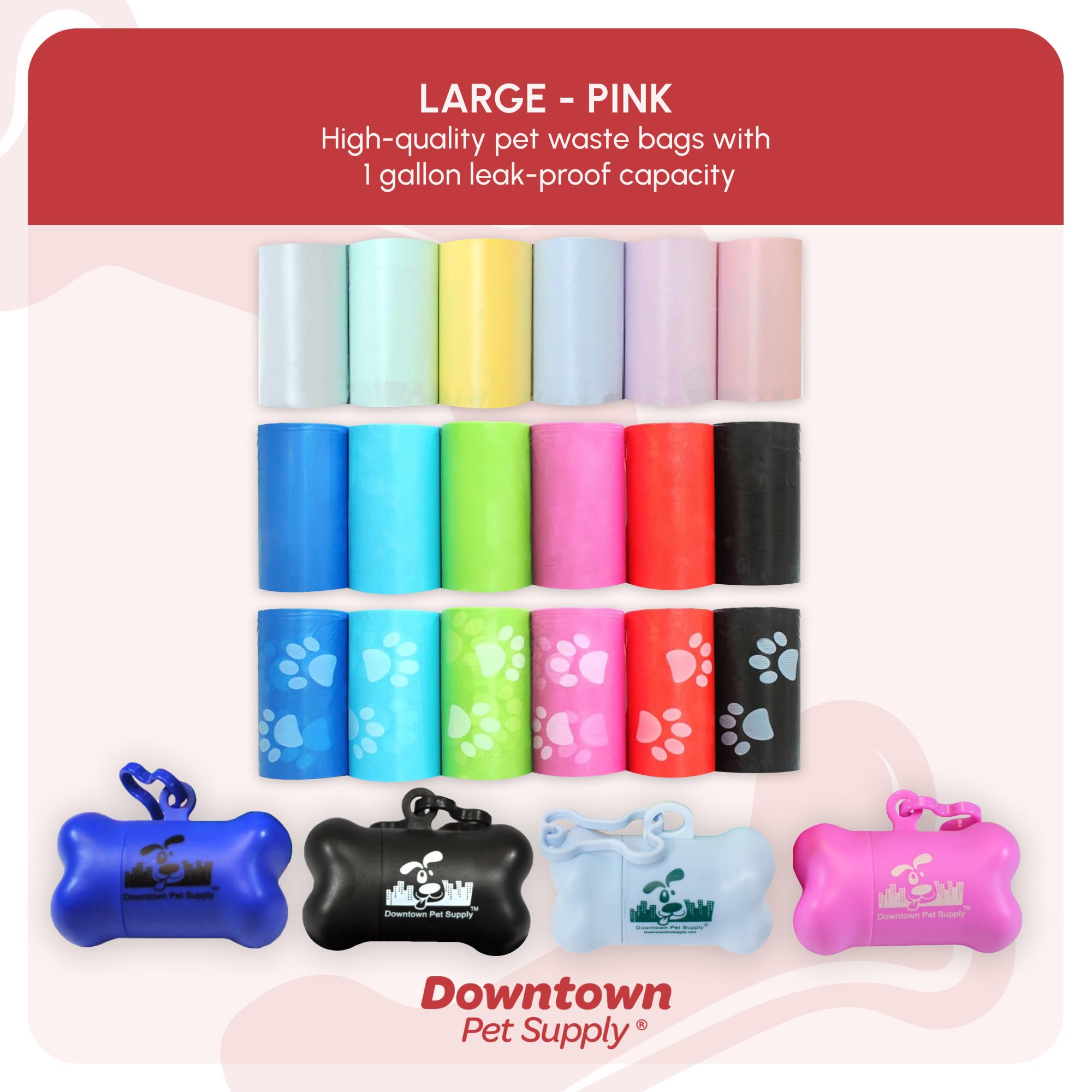 Sacs-poubelle résistants Downtown Pet Supply rose apportant fiabilité en promenade.