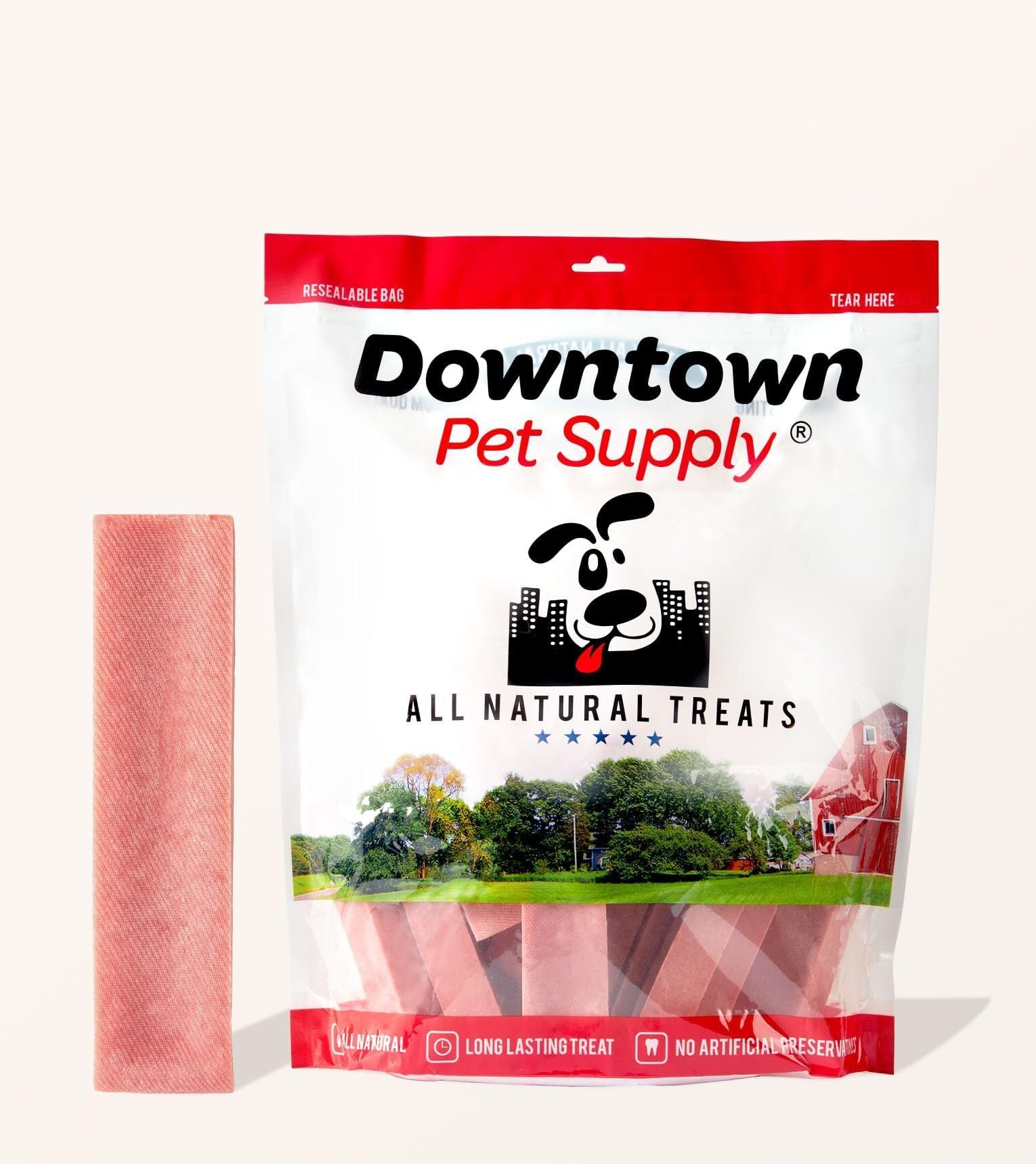 Friandises yak au fromage et fraise Downtown Pet Supply dans un emballage pratique pour chiens.