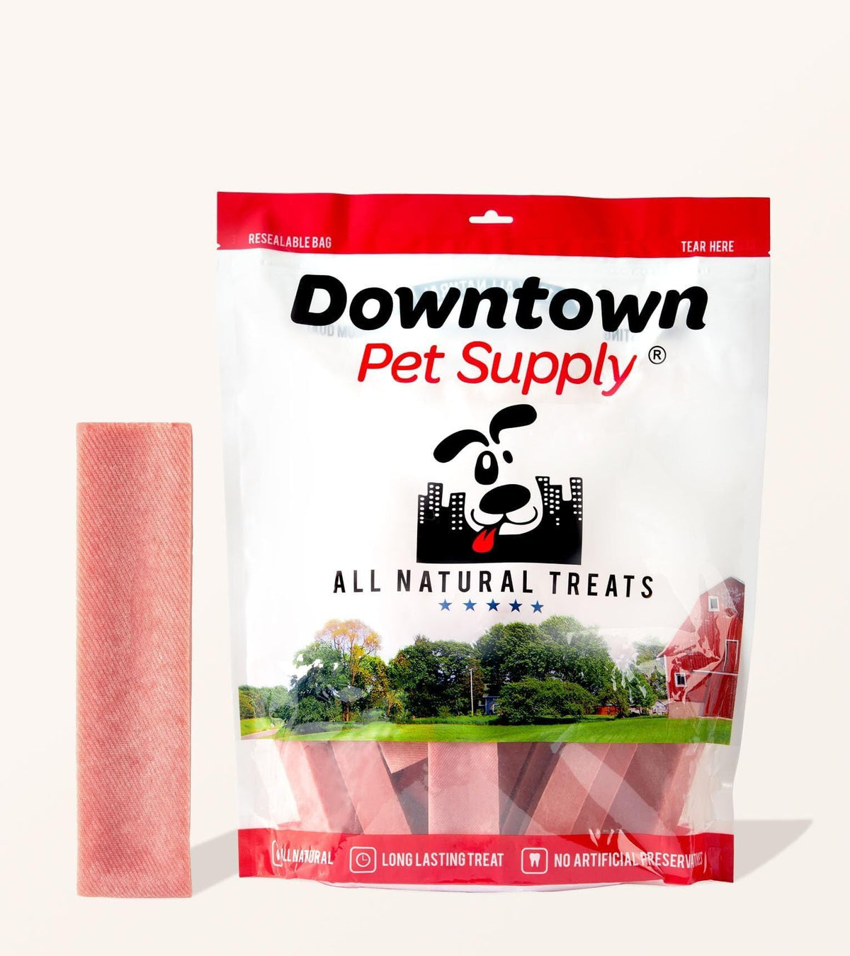 Friandises yak au fromage et fraise Downtown Pet Supply dans un emballage pratique pour chiens.