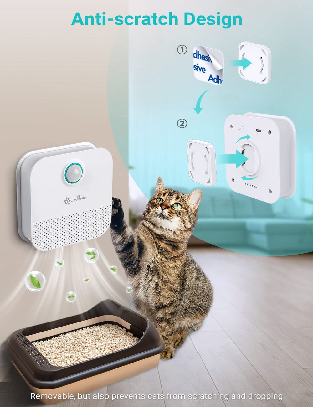 DownyPaws déodorant litière chat biosenseur intelligent détectant mouvements.