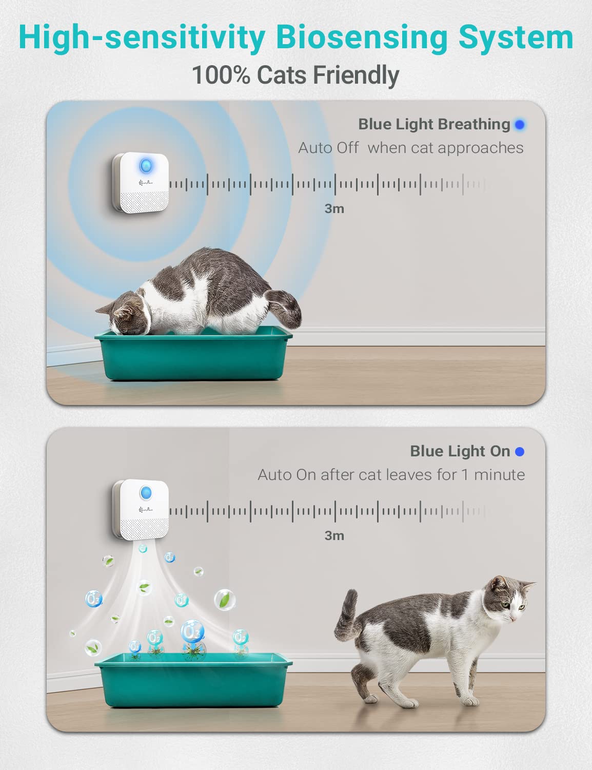 DownyPaws déodorant litière chat détecteur mouvements, fonctionnement discret et efficace.
