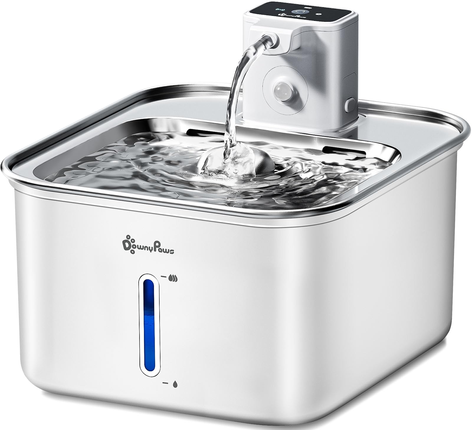 Fontaine DownyPaws pour chat en inox sans fil avec capteur, hydratation facilitée.