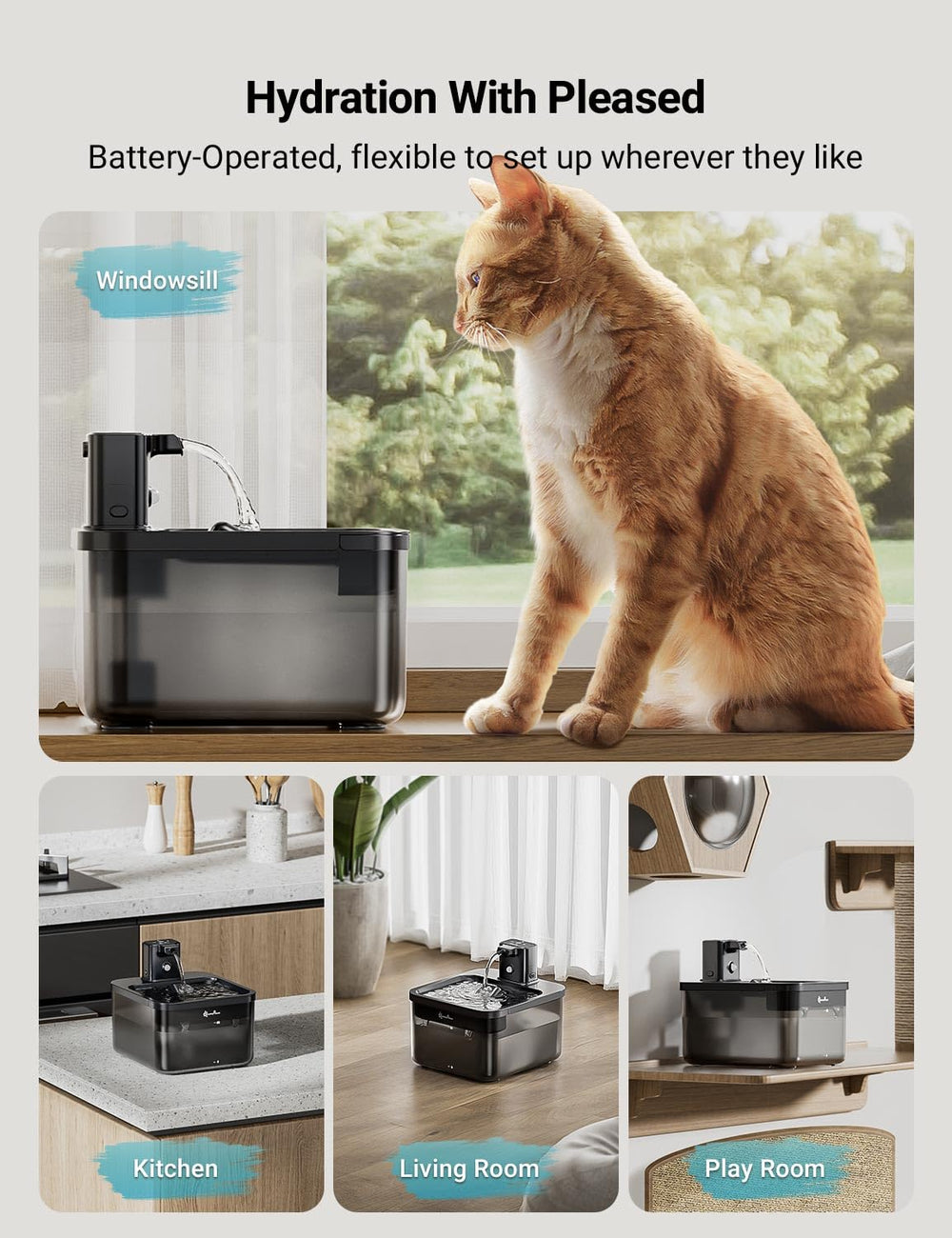 DownyPaws fontaine-eau-chat-sans-fil s’intégrant librement dans l’espace.