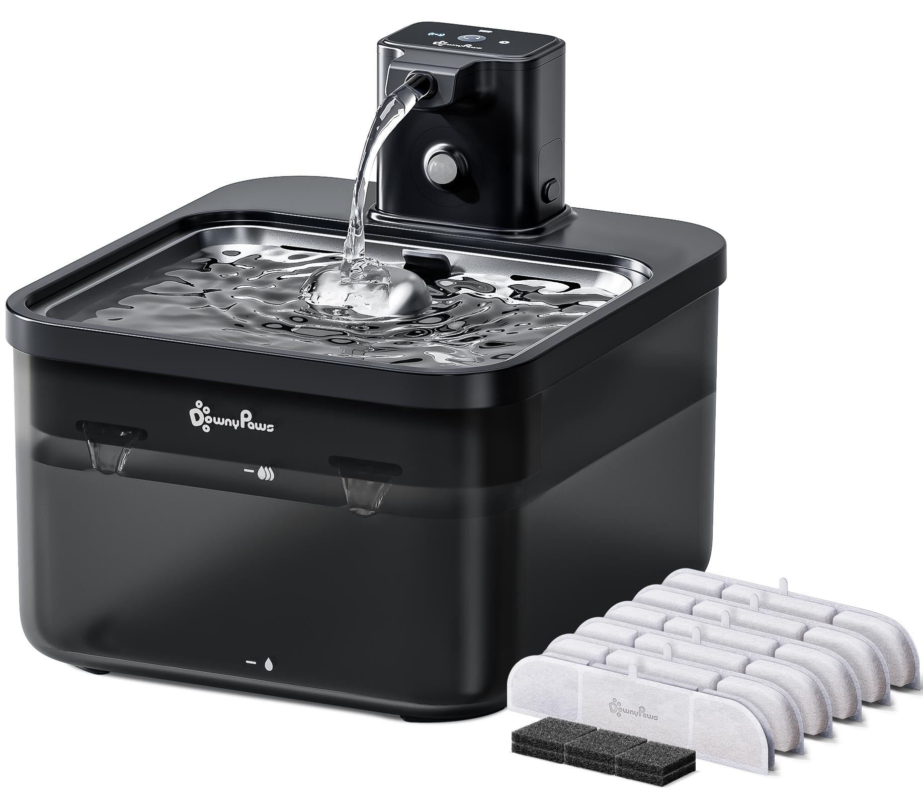 Fontaine DownyPaws en acier inoxydable avec batterie pour chat.