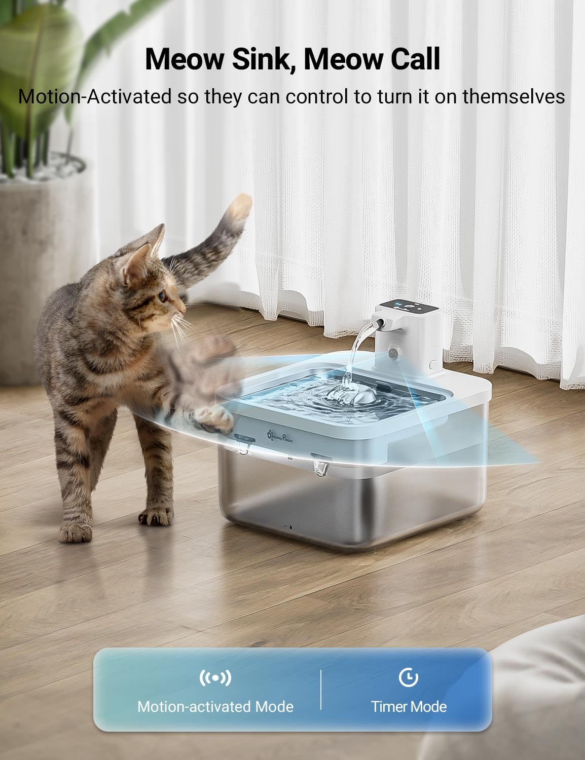 Mode détection mouvement DownyPaws, eau activée à l’approche du chat.