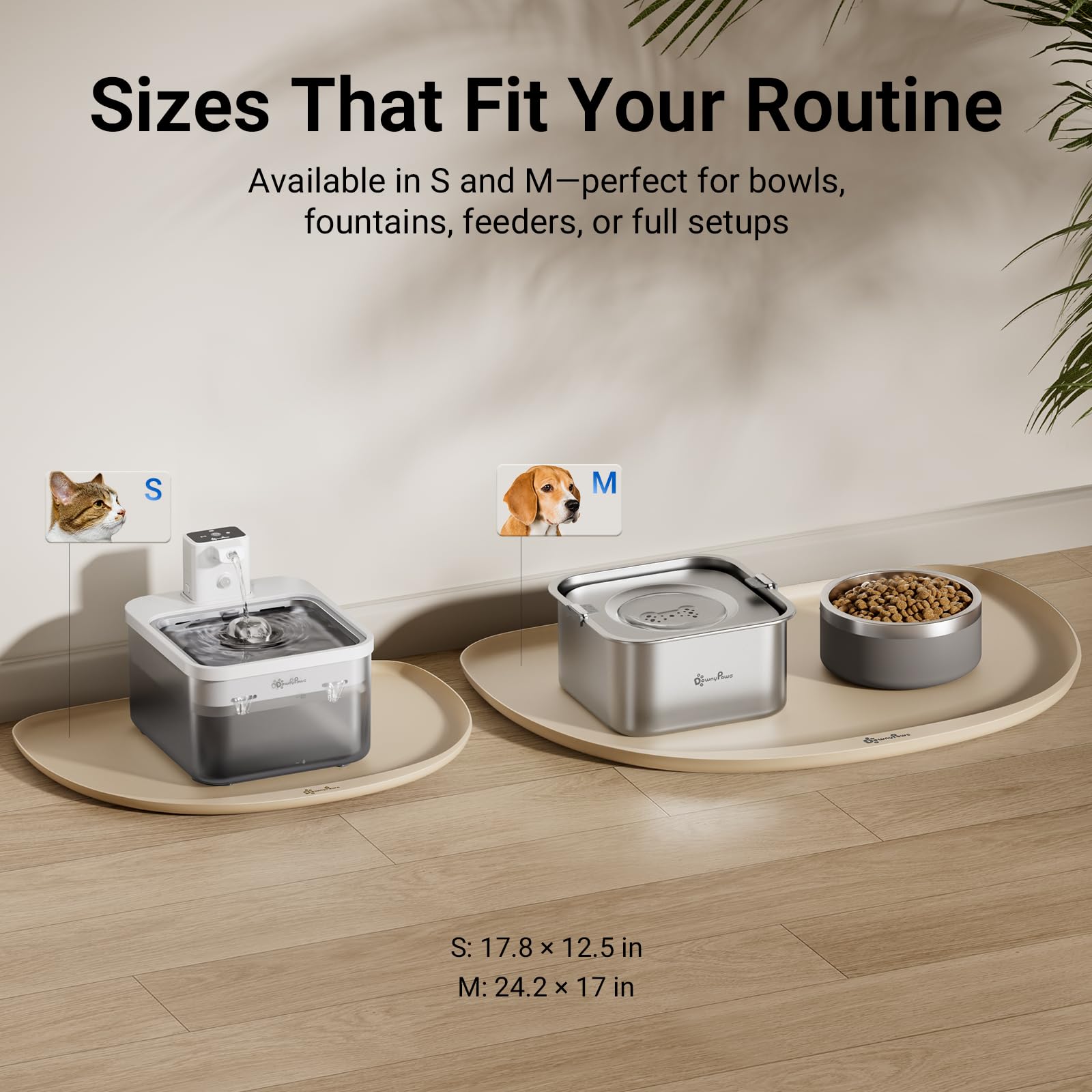 DownyPaws design FurBib guide l’eau et les croquettes vers le tapis.