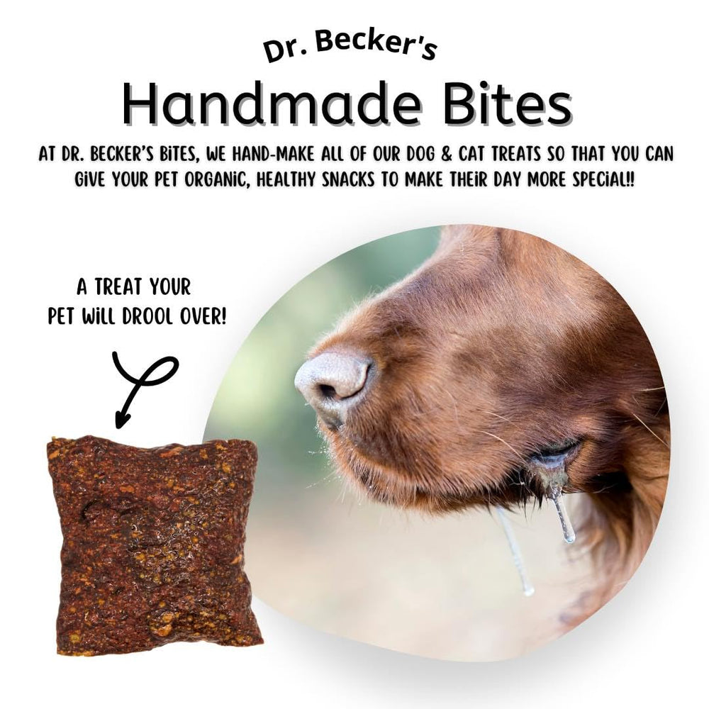 Dr. Becker's bouchées boeuf foie grossissement vue rapprochée des morceaux.